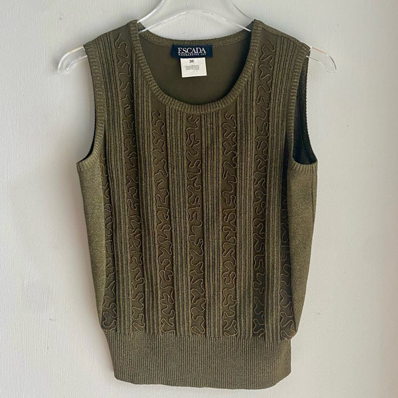 Vintage ESCADA Metallic Olive Green Knit Sweater Sleeveless Pullover Top 38 READ - Picture 8 of 8